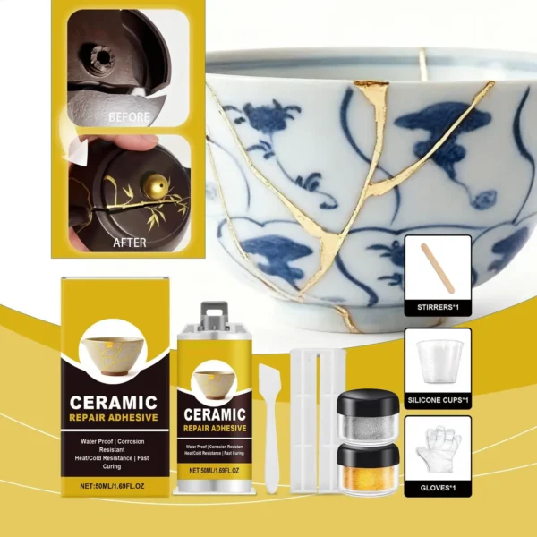 Kit Kintsugi Débutant — Réparation Céramique à la Poudre d'Or 1